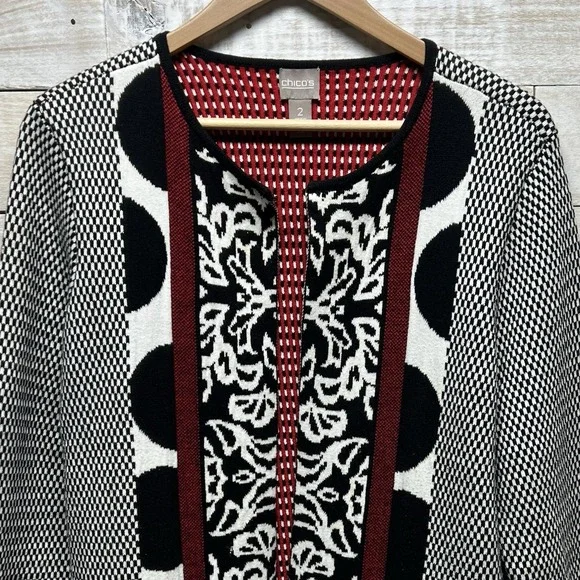 Chicos Sweater Cardigan Jacket Womens 2 US 12 Large Black Red Artsy Geometric - Picture 3 of 9
